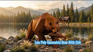 Grande Sculpture d'ours grizzli en acier Corten, ours géométrique à faible Poly avec Statue De poisson, jardin extérieur