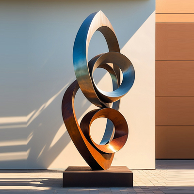 Un bon prix. Décoration en acier rouillé combinée à une sculpture circulaire en acier inoxydable en ligne