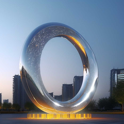 Esthétique moderne extérieure miroirée sculpture en acier inoxydable avec lumière