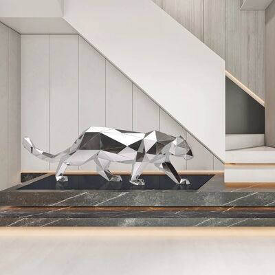 Sculpture de léopard géométrique moderne - Statue d'art en acier inoxydable poli miroir pour la décoration de la maison et du bureau