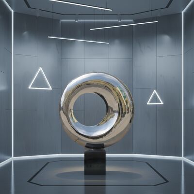 Sculpture d'art moderne en acier inoxydable poli miroir, décoration abstraite circulaire d'intérieur