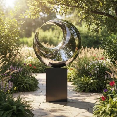 La Sculpture Réfléchissante en Croissant : Pièce d'Art en Acier Poli et Marbre Noir