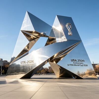 Un bon prix. Sculpture monument géométrique en acier inoxydable poli miroir personnalisé pour les événements américains de 2026 en ligne