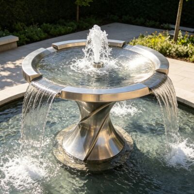 Caractéristique de l'eau en acier inoxydable Sculpture de fontaine de jardin extérieure personnalisable pour les espaces publics et les aménagements paysagers commerciaux