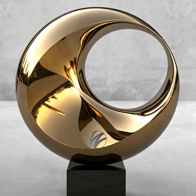 Un bon prix. Une sculpture d'anneau abstrait en titane doré poli en acier inoxydable avec une base en granit noir. Une grande statue moderne en métal de luxe extérieur et intérieur. en ligne