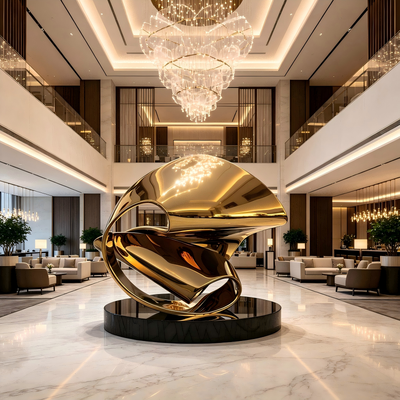 Un bon prix. Une sculpture d'anneau abstrait en titane doré poli en acier inoxydable avec une base en granit noir. Une grande statue moderne en métal de luxe extérieur et intérieur. en ligne