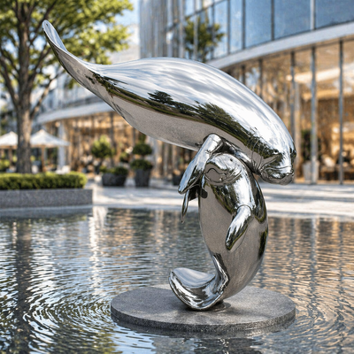 Taille réelle sculpture de la lamantine en acier inoxydable extérieure miroir statue d'animal d'océan poli pour le parc Plaza Art de décoration balnéaire