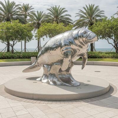 Taille réelle sculpture de la lamantine en acier inoxydable extérieure miroir statue d'animal d'océan poli pour le parc Plaza Art de décoration balnéaire