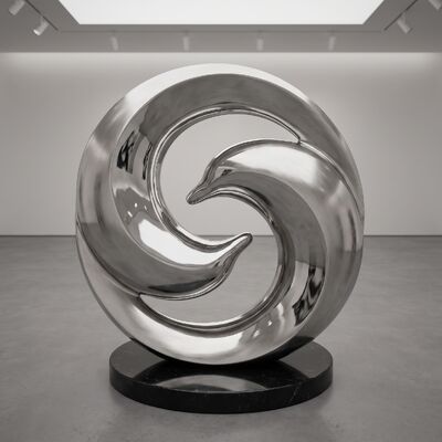 Un bon prix. Sculpture de dauphin contemporaine en spirale — Art de fontaine en acier inoxydable poli miroir pour jardin, piscine et place côtière en ligne