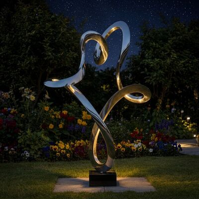 Cœur Éternel Moderne | Sculpture Abstraite en Acier Inoxydable Poli Miroir 8K pour Paysages de Luxe