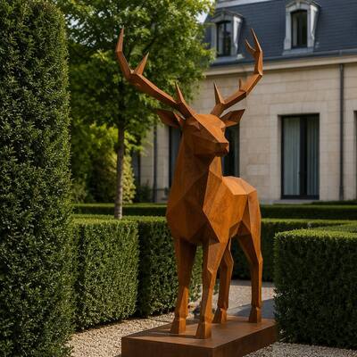Un bon prix. Sculpture géométrique de cerf grandeur nature en acier Corten patiné, statue d'animal en poly faible, décoration de jardin moderne d'extérieur personnalisée en ligne