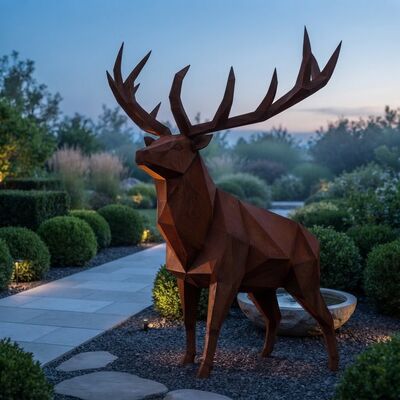 Custom Life Size Corten Steel Elk Sculpture Low Poly Geometric Metal Stag Statue Outdoor Garden Decor Rusted Weathered Steel Animal Art