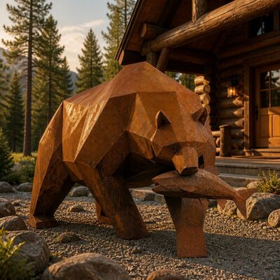 Un bon prix. Grande sculpture d'ours grizzly en acier Corten, ours géométrique low poly avec statue de poisson, décoration de jardin extérieure, art de pelouse en métal rouillé en ligne